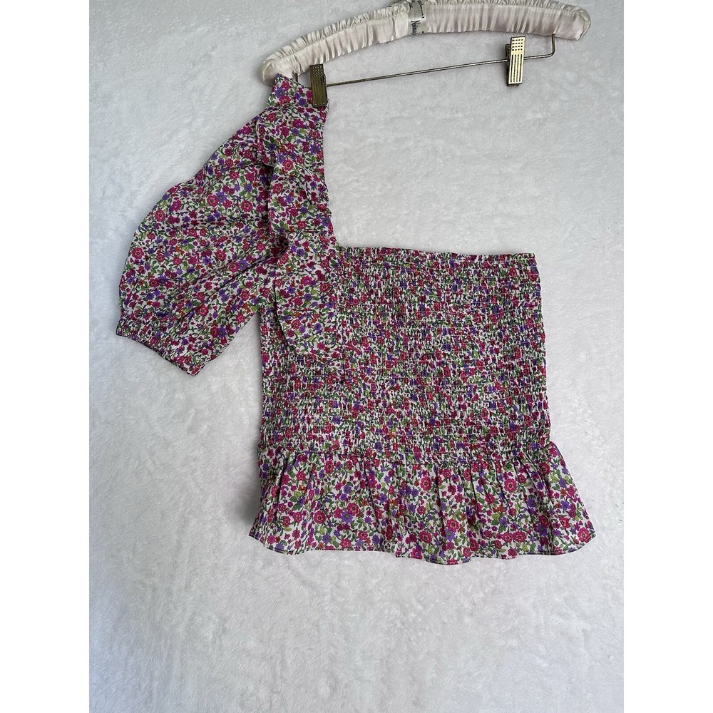Vestique Top Blouse Size S One Shoulder‎ Short Sleeve Pink Ruffle Floral Elastic